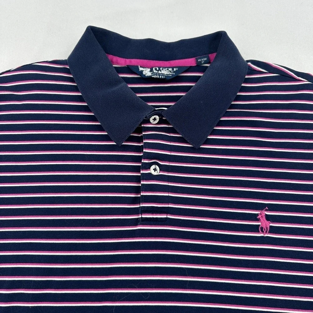 Ralph Lauren Men L Golf Polo Shirt Navy Pink White Stripe Pro Fit Short Sleeve